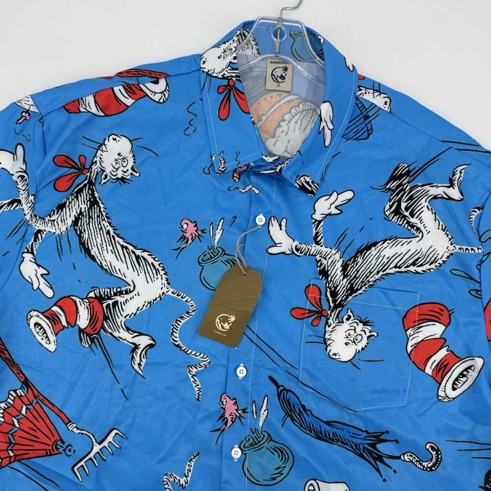 Hardaddy XL Dr Seuss Cat in the Hat Novelty Graphic Button Up Shirt Blue Whimsy
